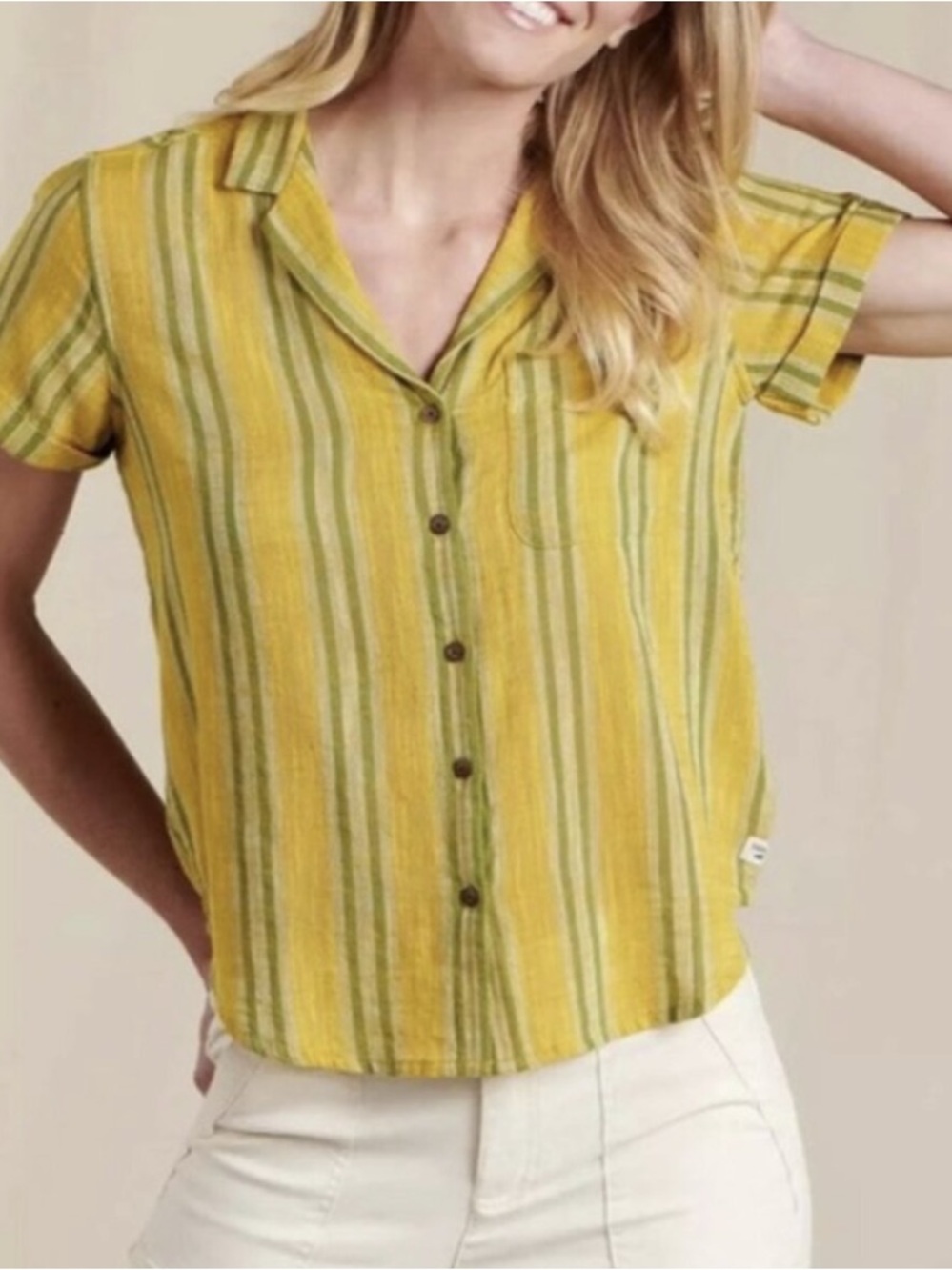 Toad&Co Camp Cove Shirt XS Yellow Green Stripe Organic Cotton Gauze Resort - Picture 2 of 7